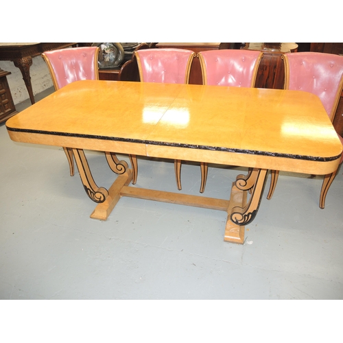 1577 - Art Deco burr walnut and satin birch extending dining table with ebonised highlights, 8ft long x 3ft... 