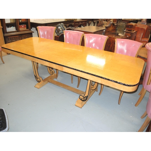 1577 - Art Deco burr walnut and satin birch extending dining table with ebonised highlights, 8ft long x 3ft... 