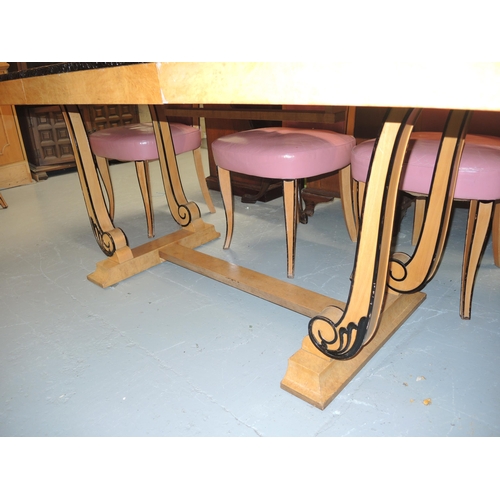 1577 - Art Deco burr walnut and satin birch extending dining table with ebonised highlights, 8ft long x 3ft... 