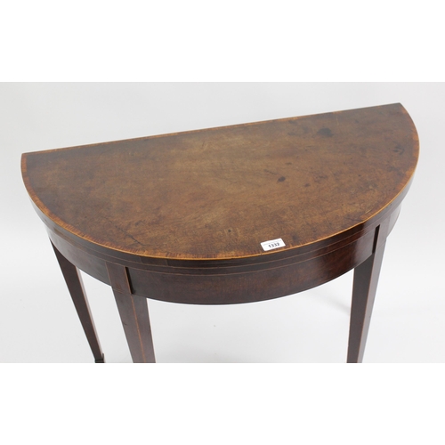 1579 - George III mahogany line inlaid demi lune fold-over card table on square tapering supports, 74cm hig... 