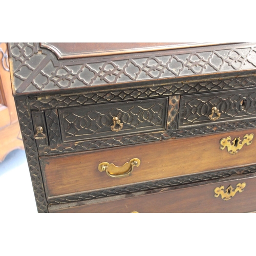 1582 - 19th Century mahogany bureau, the fall front and upper drawers with blind fretwork and conforming fi... 