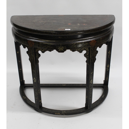 1589 - 19th Century Chinese black chinoiserie decorated D-shaped side table, the top decorated with a lands... 