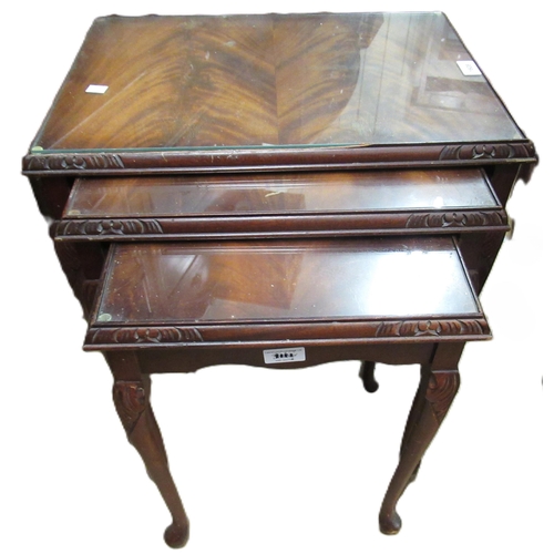 1608 - Reproduction mahogany nest of three coffee tables with glass inserts, 57cm high x 53cm wide x 38cm d... 