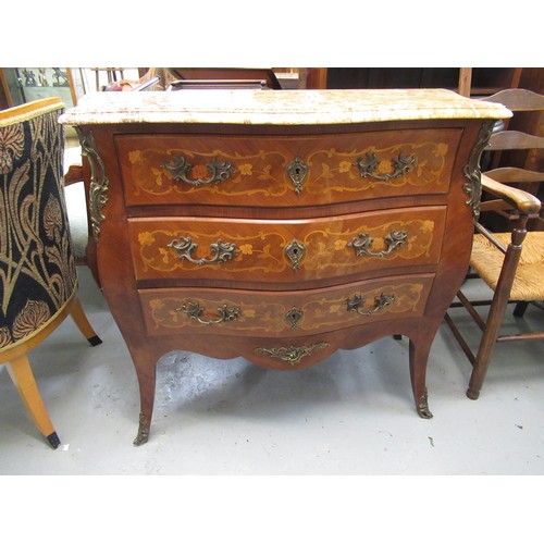 1632 - French kingwood marquetry and ormolu mounted commode, the marble top above three drawers on cabriole... 