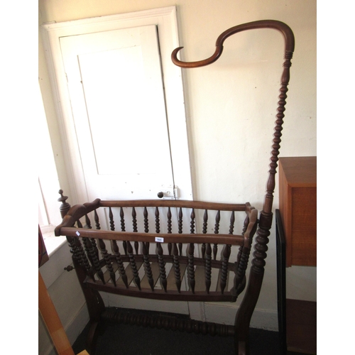 1645 - 19th Century Continental fruitwood cradle with bobbin turned uprights and stretcher