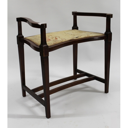 1861 - Edwardian mahogany and line inlaid dressing table stool on square tapering supports with twin stretc... 