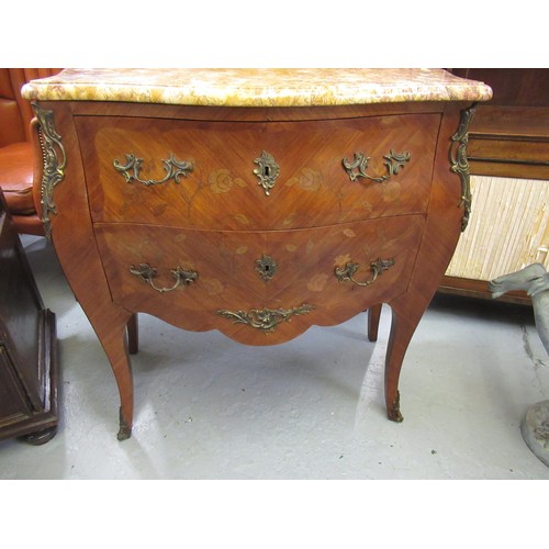 1951 - Small French kingwood marquetry and ormolu mounted commode with marble top above two drawers on cabr... 