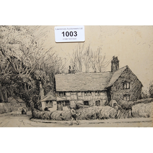 1003 - Tatton Winter, pen and ink of a Surrey cottage with figures in a lane, dated 1911, 16 x 23cm