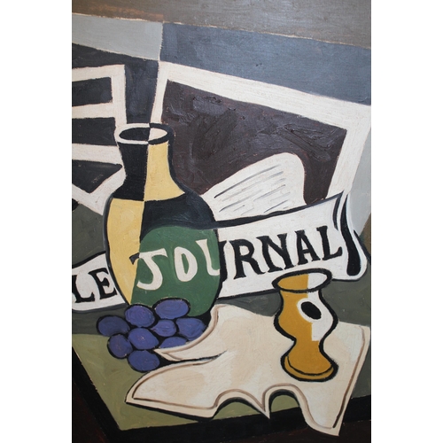 1004 - Continental oil on board, cubist style still life with fruit jug etc, 49 x 40cm