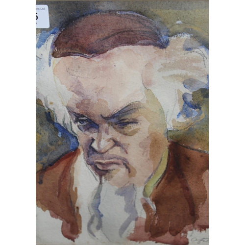 1005 - 20th Century watercolour, head and shoulder portrait of a bearded gentleman wearing a skull cap, ind... 