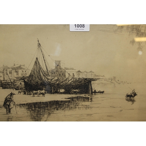 1008 - William Douglas Macleod engraving, harbour scene with boats, 23 x 39cm