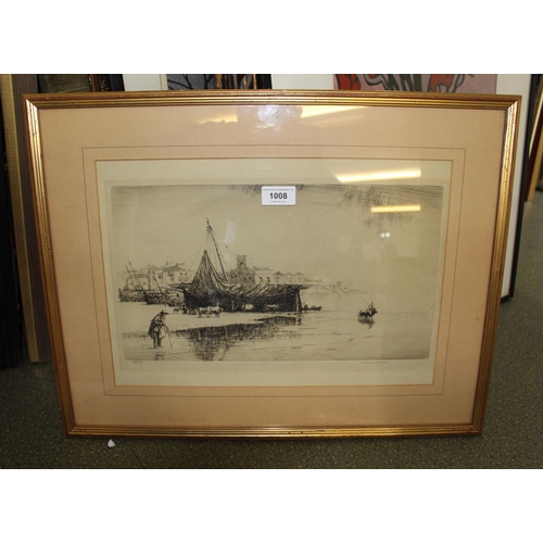 1008 - William Douglas Macleod engraving, harbour scene with boats, 23 x 39cm