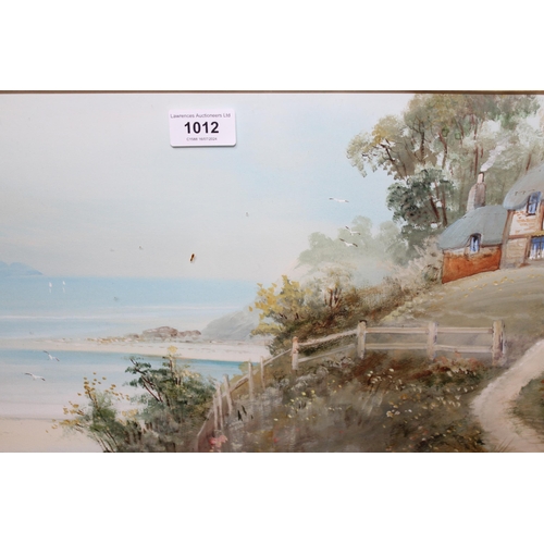 1012 - A.M. Scott, gouache, Devon coastal scene with beach and boats, 25 x 74cm