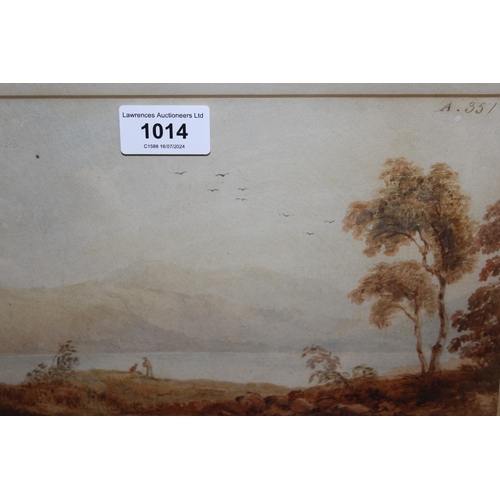 1014 - 19th Century English school watercolour, lake scene with figures to the foreground, indistinctly mon... 