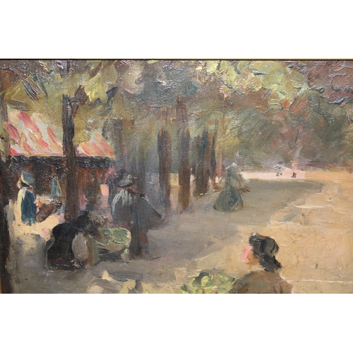 1018 - Attributed to James Wilson Morrice, Canadian school oil on panel, figures in a park, framed, 15 x 21... 