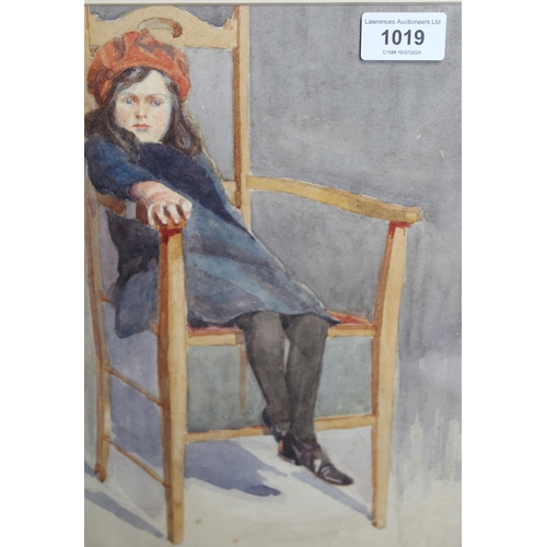 1019 - William Hyams, watercolour, study of the artist's daughter seated on a chair, and another with flowe... 