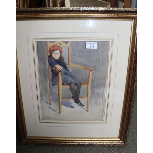 1019 - William Hyams, watercolour, study of the artist's daughter seated on a chair, and another with flowe... 