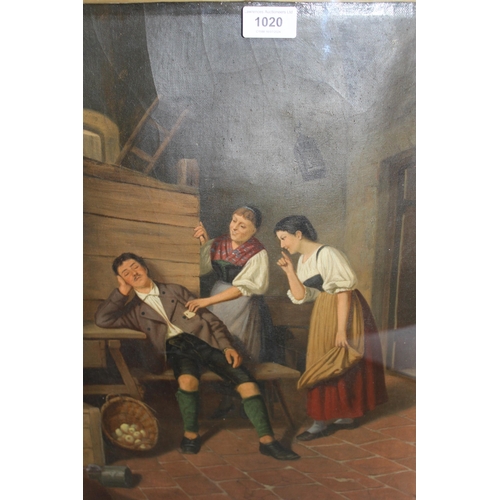 1020 - 19th Century Continental school, oil on canvas, figures in an interior pickpocketing an envelope, un... 