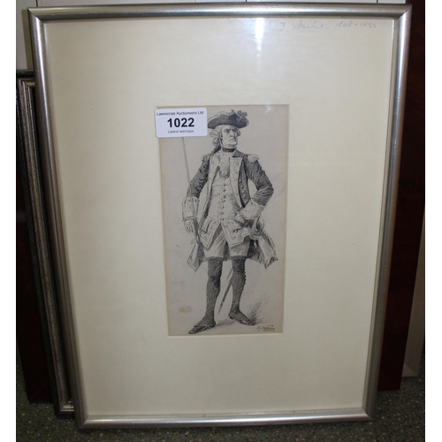 1022 - Edward J. Wheeler, ink drawing, study of a gentleman wearing 18th Century costume, signed, 19 x 9.5c... 