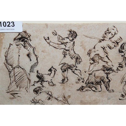 1023 - 18th Century ink drawing on paper, multiple figure study, unsigned, 12 x 20cm overall, in a silvered... 