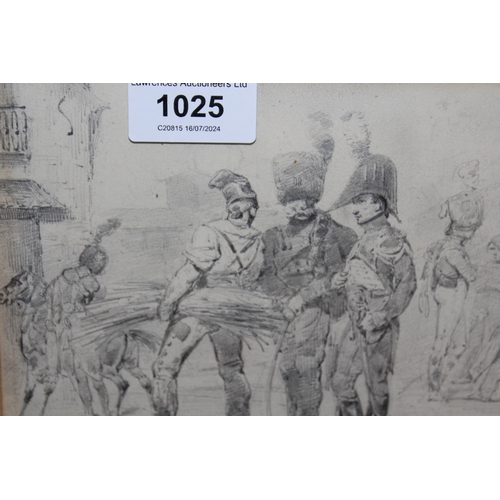 1025 - Attributed to Henry Bonaventure Monnier, pencil drawing, soldiers and other figures in a town square... 