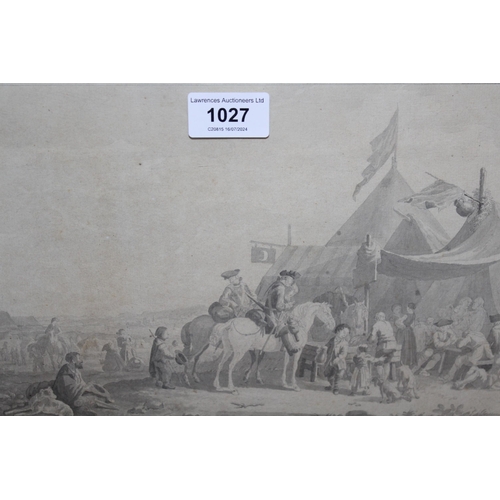 1027 - 18th / 19th Century monochrome watercolour, various figures in an encampment, unsigned, 18 x 28.5cm,... 