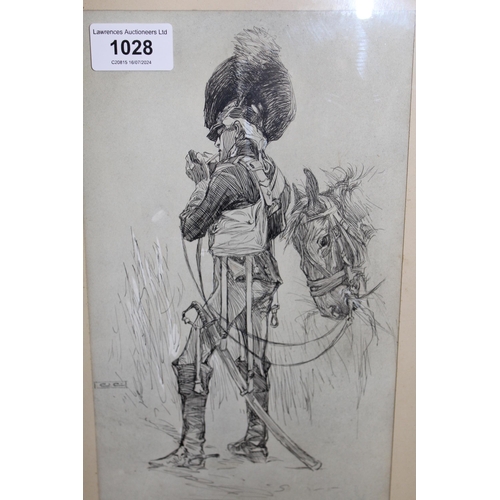 1028 - 19th Century ink drawing heightened with white, Napoleonic soldier with his horse in a landscape, si... 