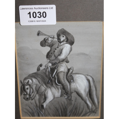 1030 - 19th Century monochrome watercolour heightened in white, figure on horseback sounding a hunting horn... 