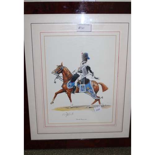 1030 - 19th Century monochrome watercolour heightened in white, figure on horseback sounding a hunting horn... 