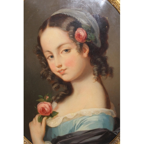 1033 - 19th Century, oil on canvas, head and shoulder portrait of a girl holding a rose, 33 x 25cm, oval gi... 