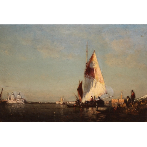 1034 - 19th Century oil on panel, scene on the Venetian lagoon with figures and boats, unsigned, 23 x 34cm