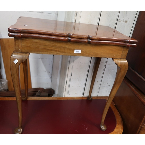 1453 - Reproduction mahogany shaped top fold-over tea table on cabriole supports, 71cm wide x 44cm deep x 7... 