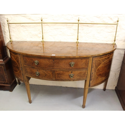 1463 - Edwardian mahogany bow fronted sideboard, having brass galleried back with central long drawer and t... 