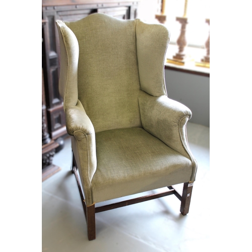 1466 - 1920's Wingback armchair on square front supports with H stretcher, 73cm wide x 78cm deep x 113cm hi... 