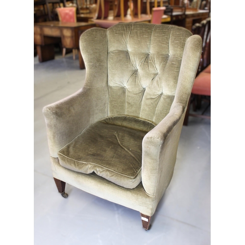 1467 - Late 19th / early 20th Century tub shaped button upholstered armchair, with loose cushion on square ... 