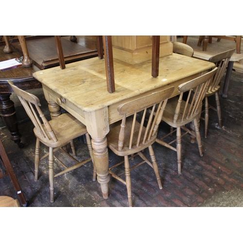 1478 - 19th Century stripped pine kitchen table, with single end drawer on turned supports, together with a... 