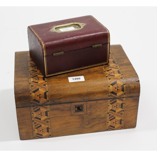 1480 - Parquetry inlaid dome top walnut work box, together with a leather dome top jewellery box with gilt ... 