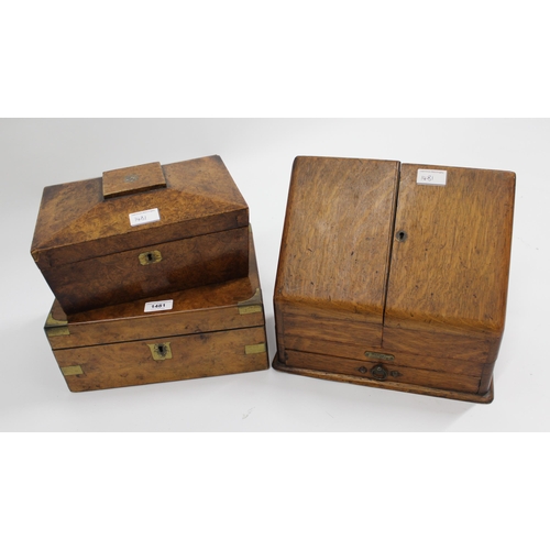 1481 - Small 19th Century figured walnut fold-over writing slope, together with a burr walnut workbox and a... 