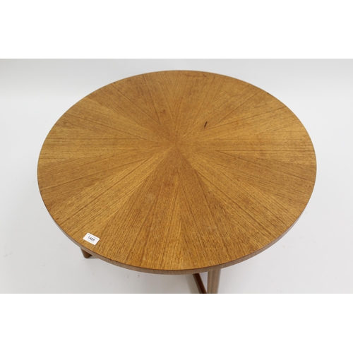 1485 - Mid 20th Century McIntosh circular teak star burst coffee table, 84cm diameter