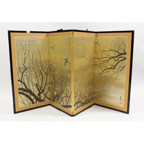 1488 - Chinese four-fold screen painted with birds in blossom trees, signed (with wall mounts), 185cm wide ... 