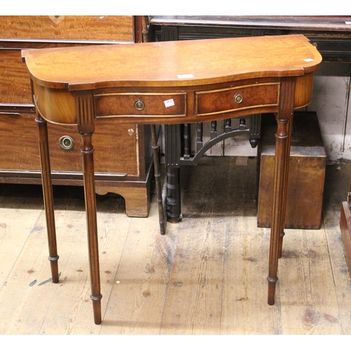 1508 - Reproduction burr walnut two drawer side table, mahogany coffee table with a glass inset top and a s... 