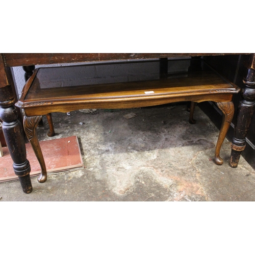 1508 - Reproduction burr walnut two drawer side table, mahogany coffee table with a glass inset top and a s... 