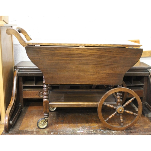 1510 - Reproduction oak drop-leaf tea trolley on turned supports with large spoked front wheel, together wi... 