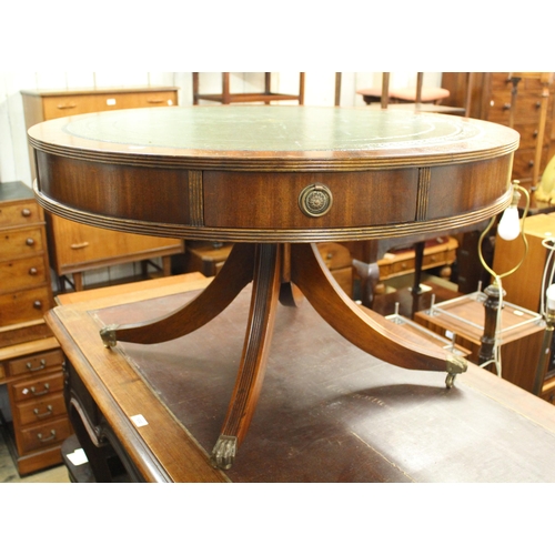 1511 - Reproduction mahogany and leather inset circular coffee table on quadruped base, 92cm diameter, toge... 