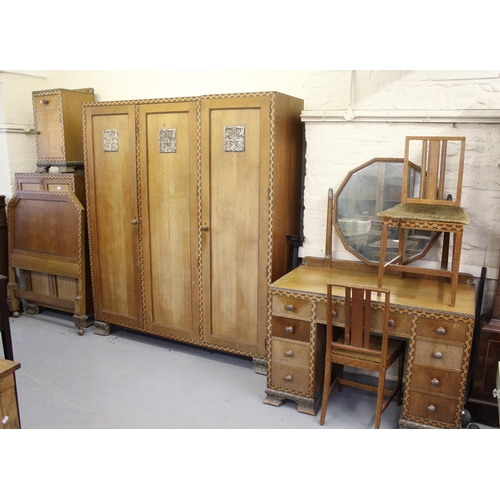 1517 - Unusual Art Deco marquetry and silvered relief bedroom suite comprising:  three door wardrobe, two d... 