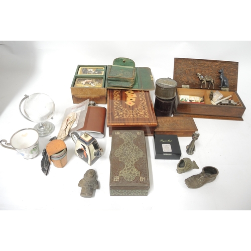 196 - Wooden box containing playing cards, other boxes and miscellaneous items