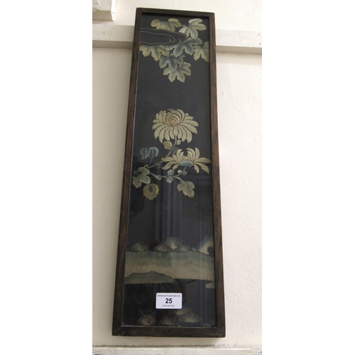 25 - Oriental black silk floral embroidered panel, framed, 57 x 13cm