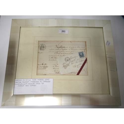 263 - Framed letter and envelope to Napoleon, the letter bearing stamp ' Timbre Imperial ' , with post sta... 