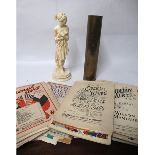 283 - Military brass shell case, resin figure of a classical maiden and a small quantity of various sheet ... 