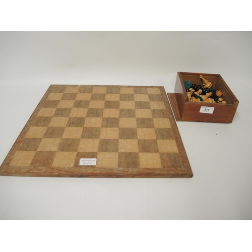 311 - Staunton pattern boxwood and ebony chest set, housed in a wooden box, together with a wooden chess b... 